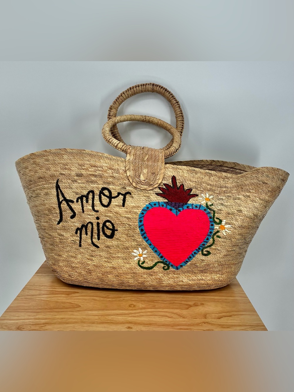 Handmade Mexican Palm Straw Amor Mio Sacred Heart Market Tote Bag XL